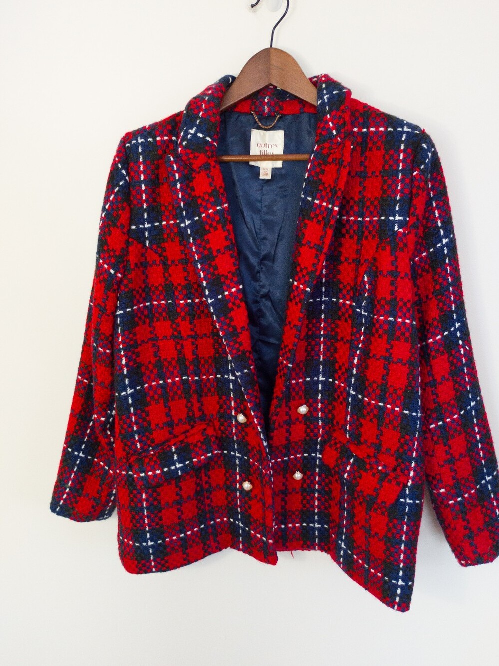 Autres Filles Red Plaid Double Breasted Tweed Blazer Jacket Size M Pearl Buttons